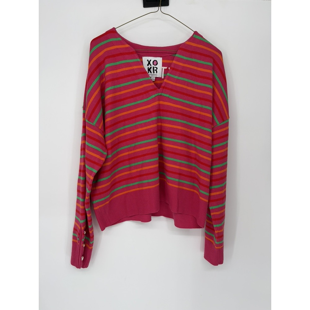 Kerri Rosenthal Next Smiles On You Sweater Striped Knit Oversized V Neck Sz L